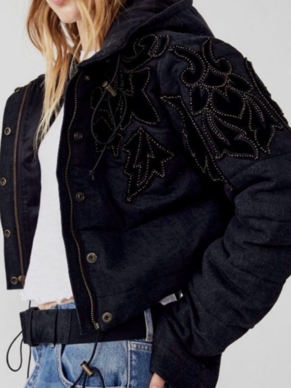 Free People Black Beaded Embellished Bomber Jacket